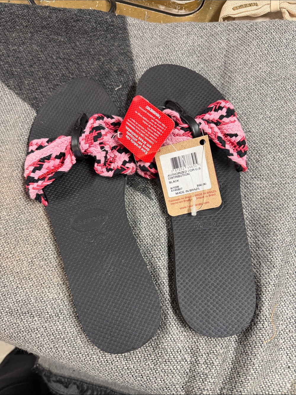 Havaianas Black Flip Flops with Pink Braided Straps